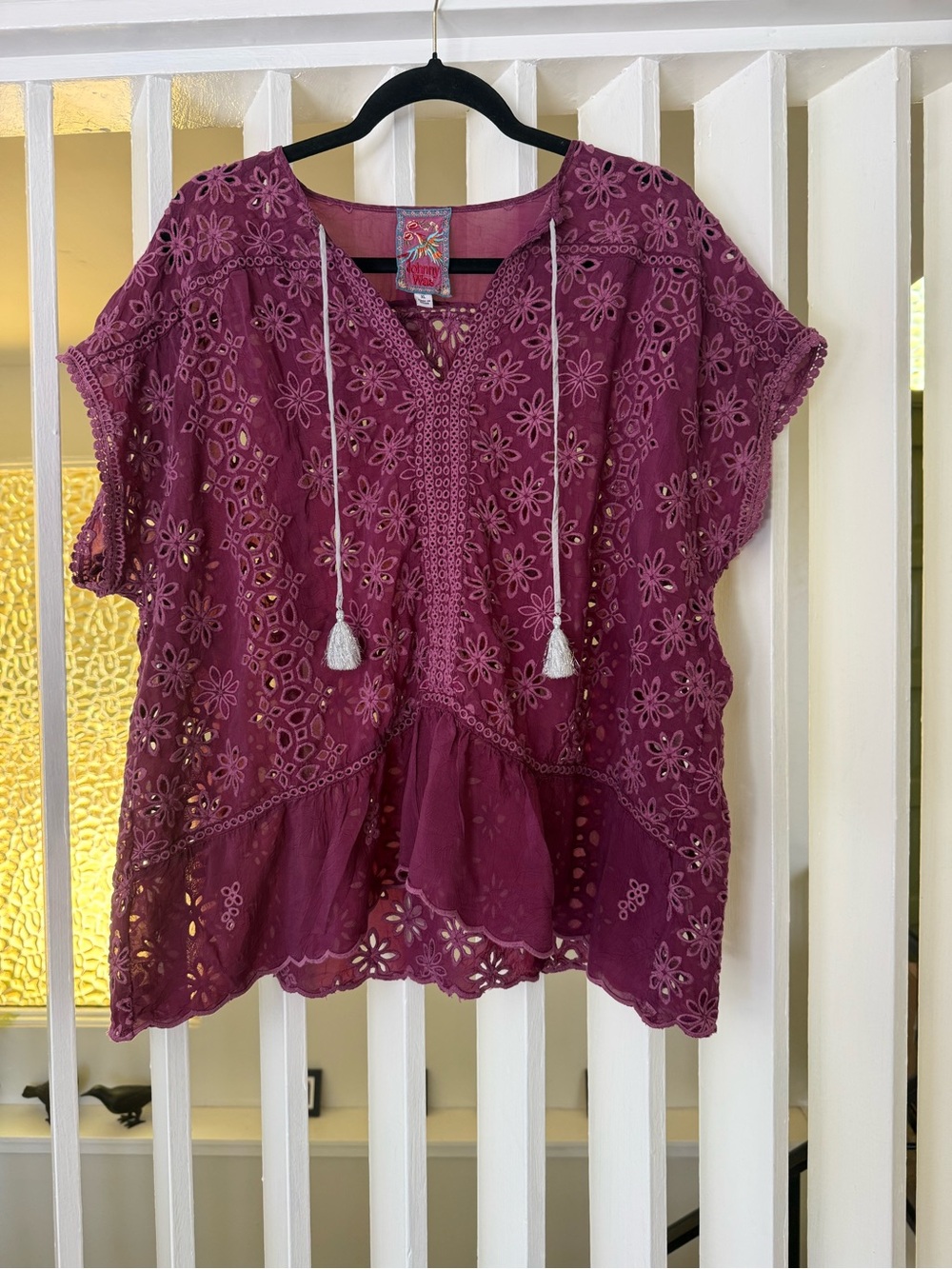 Johnny Was Plum Embroidered Eyelet Tunic with Tassel Ties